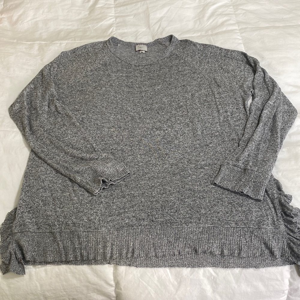 Anthropologie Soft grey ruffle hem long sleeve shirt